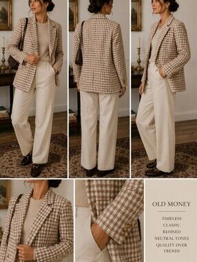 Classic Houndstooth Large Old Money Quiet Luxury Tan & White Tweed Blazer Jacket